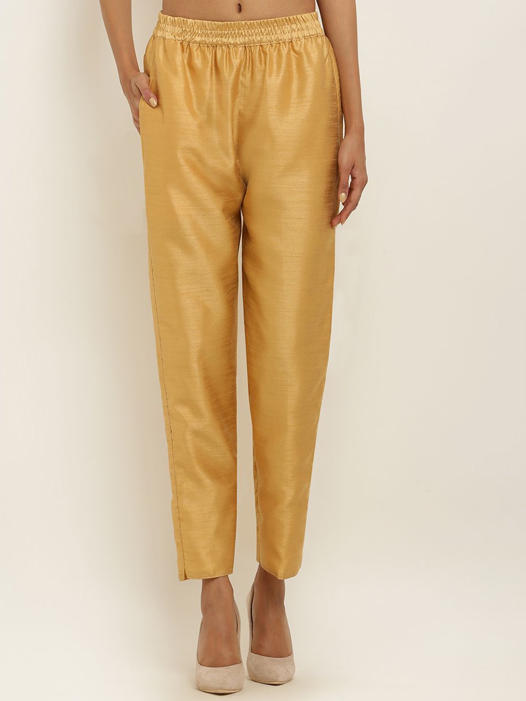 

FLOREOS Women Textured Comfort Easy Wash Chinos Trousers, Gold