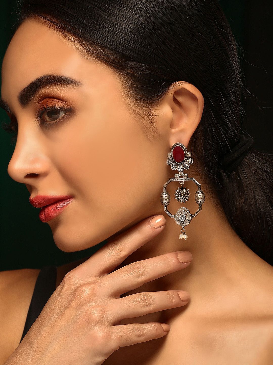 

Priyaasi Silver Plated Faux Ruby Oxidized Contemporary Drop Earrings