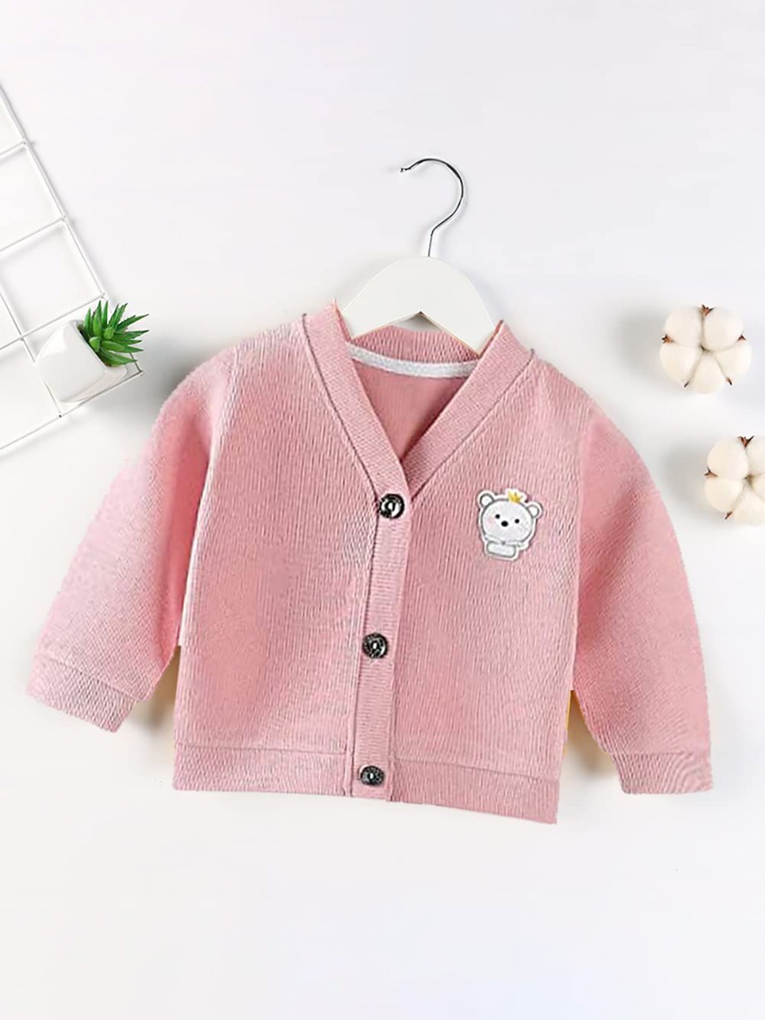 

MOMISY Kids Cotton Applique V Neck Cardigan, Pink