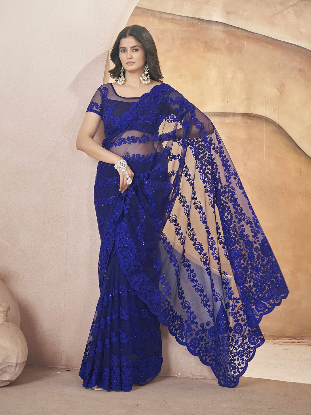 

Munir Floral Beads and Stones Net Saree, Navy blue