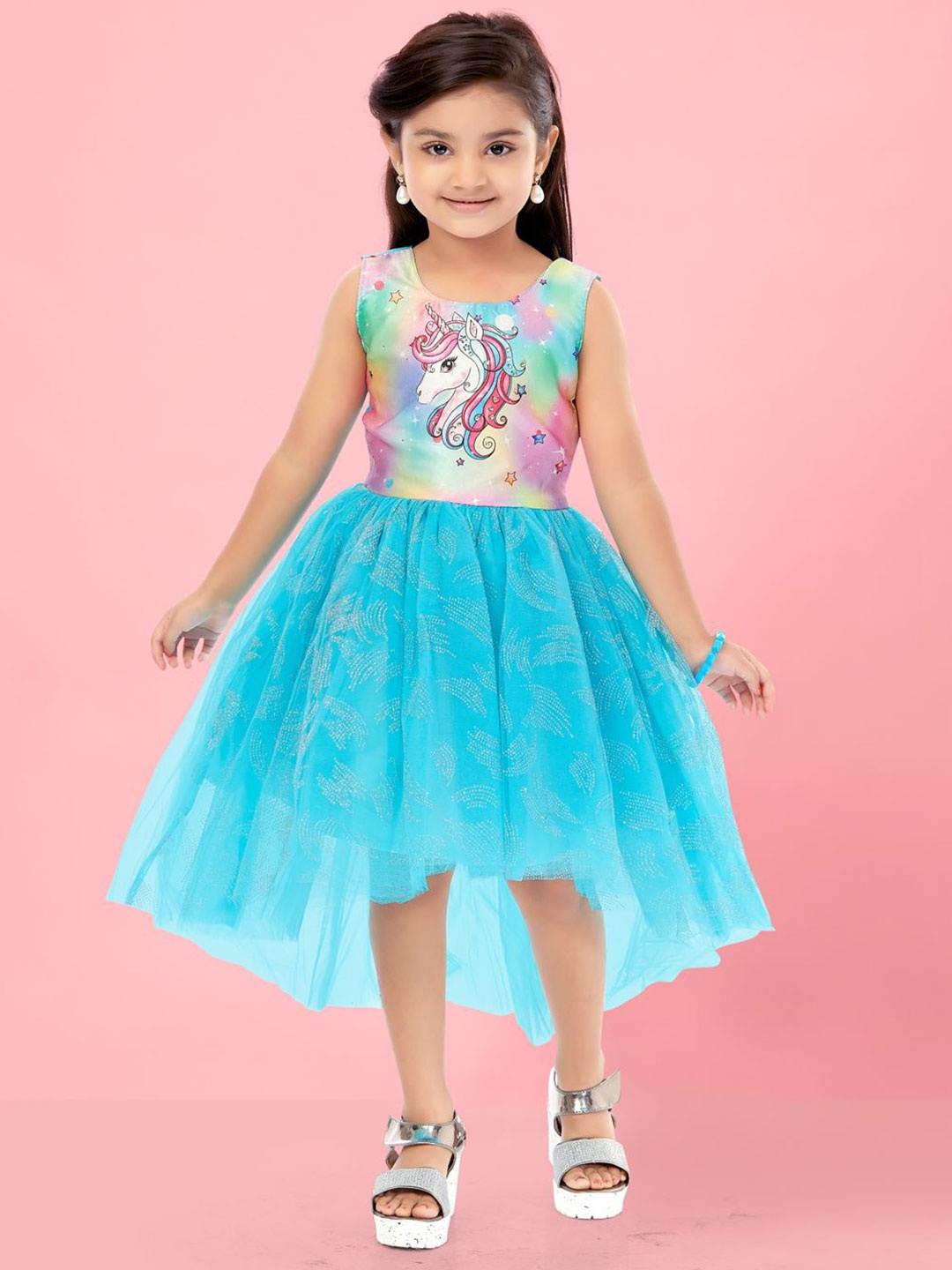 

Sangria Girls Unicorn Printed Frock, Turquoise blue