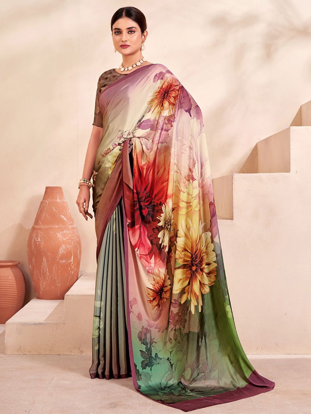 

Krimmple Floral Printed Mysore Silk Saree, Peach