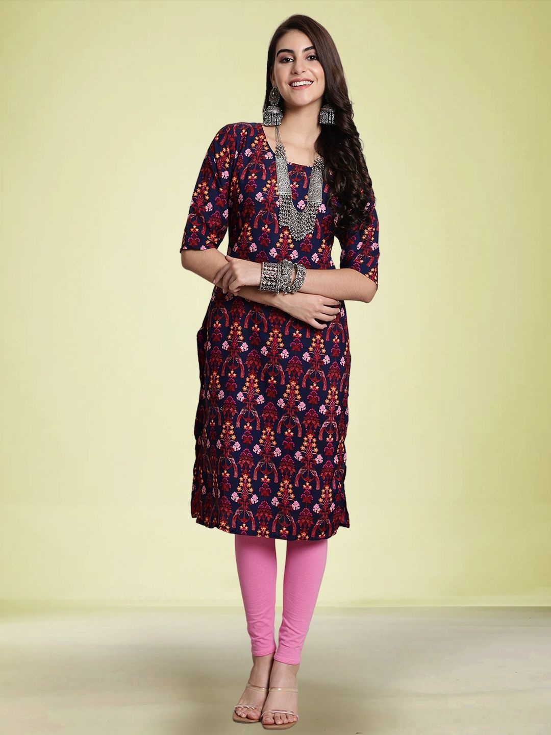 

Moda Rapido Floral Printed Round Neck Straight Kurta, Blue