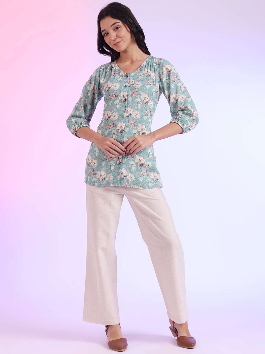 

AURELIA Floral Printed V-Neck Modal A-Line Kurti, Blue