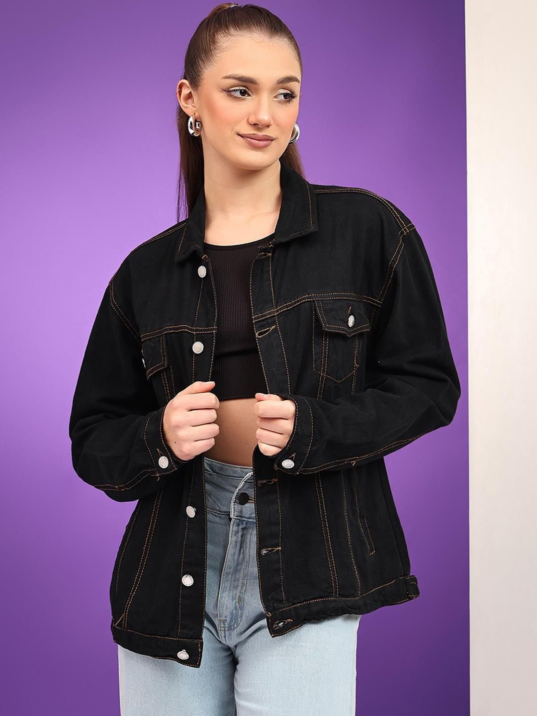 

Kotty Women Spread Collar Solid Casual Denim Jacket, Black