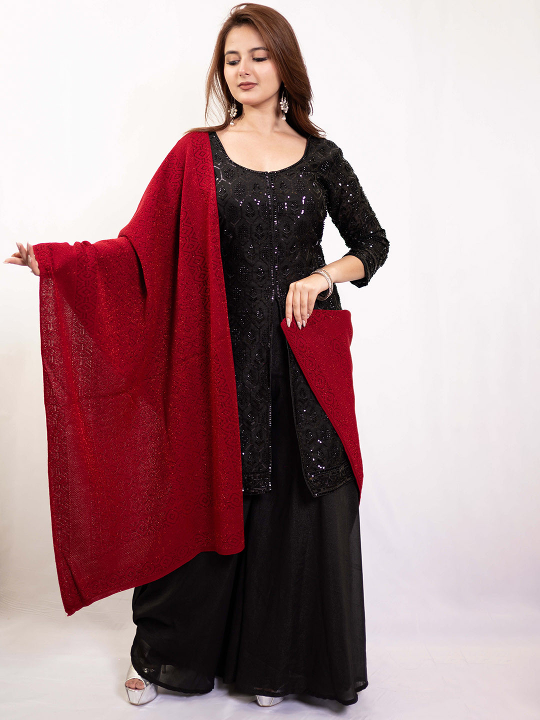 

PASHGIRI Ethnic Motifs Woven Design Pure Woollen Shawl, Maroon
