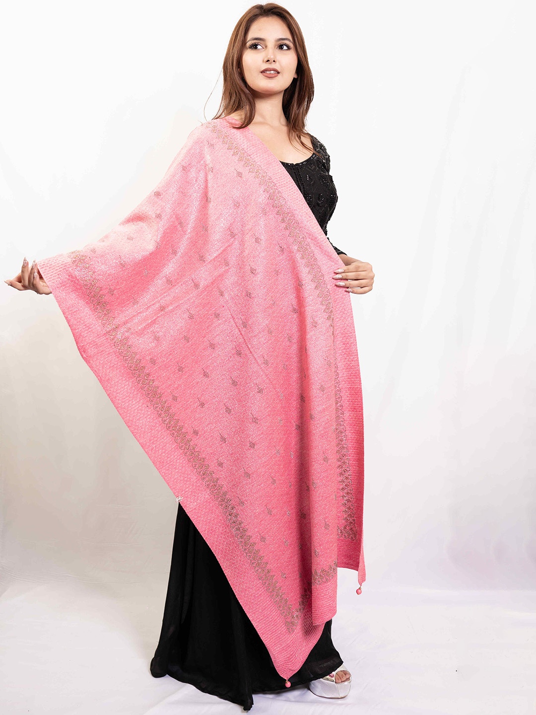 

PASHGIRI Ethnic Motifs Embroidered Woolen Shawl, Pink