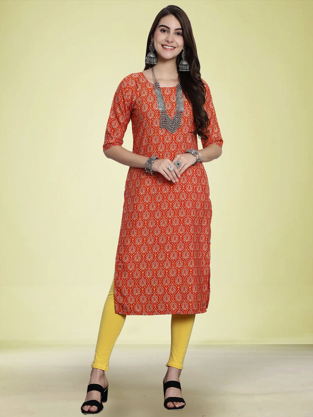 

Moda Rapido Ethnic Motifs Printed Round Neck Straight Kurta, Orange