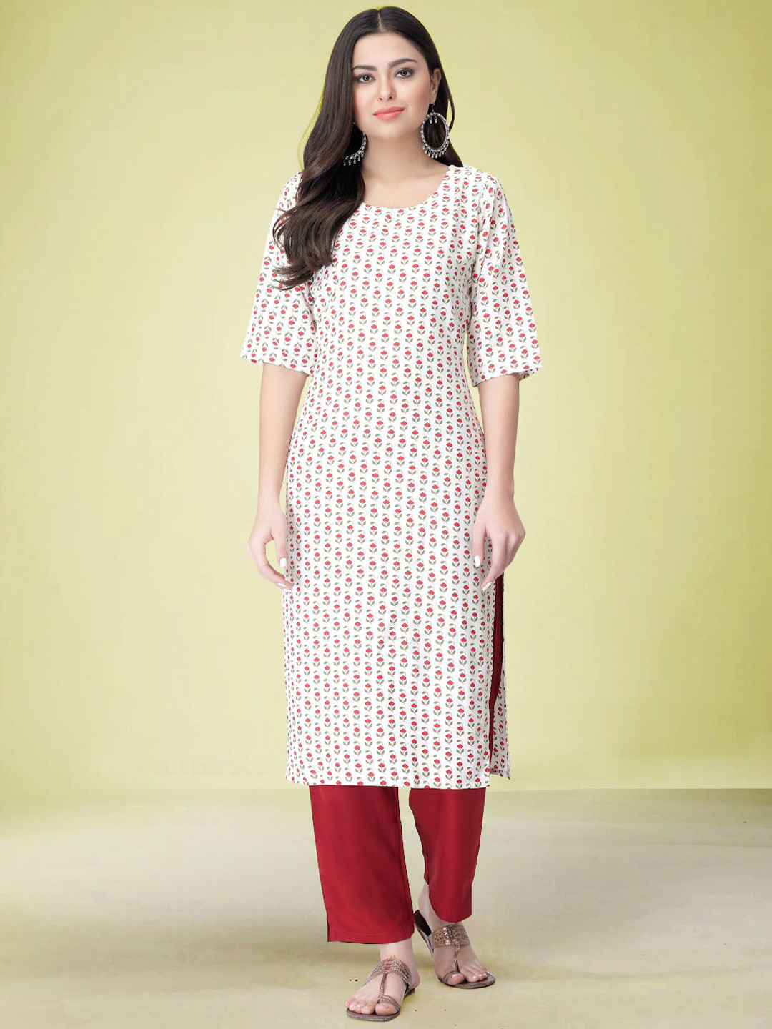 

Moda Rapido Floral Printed Round Neck Straight Kurta with Trouser, White
