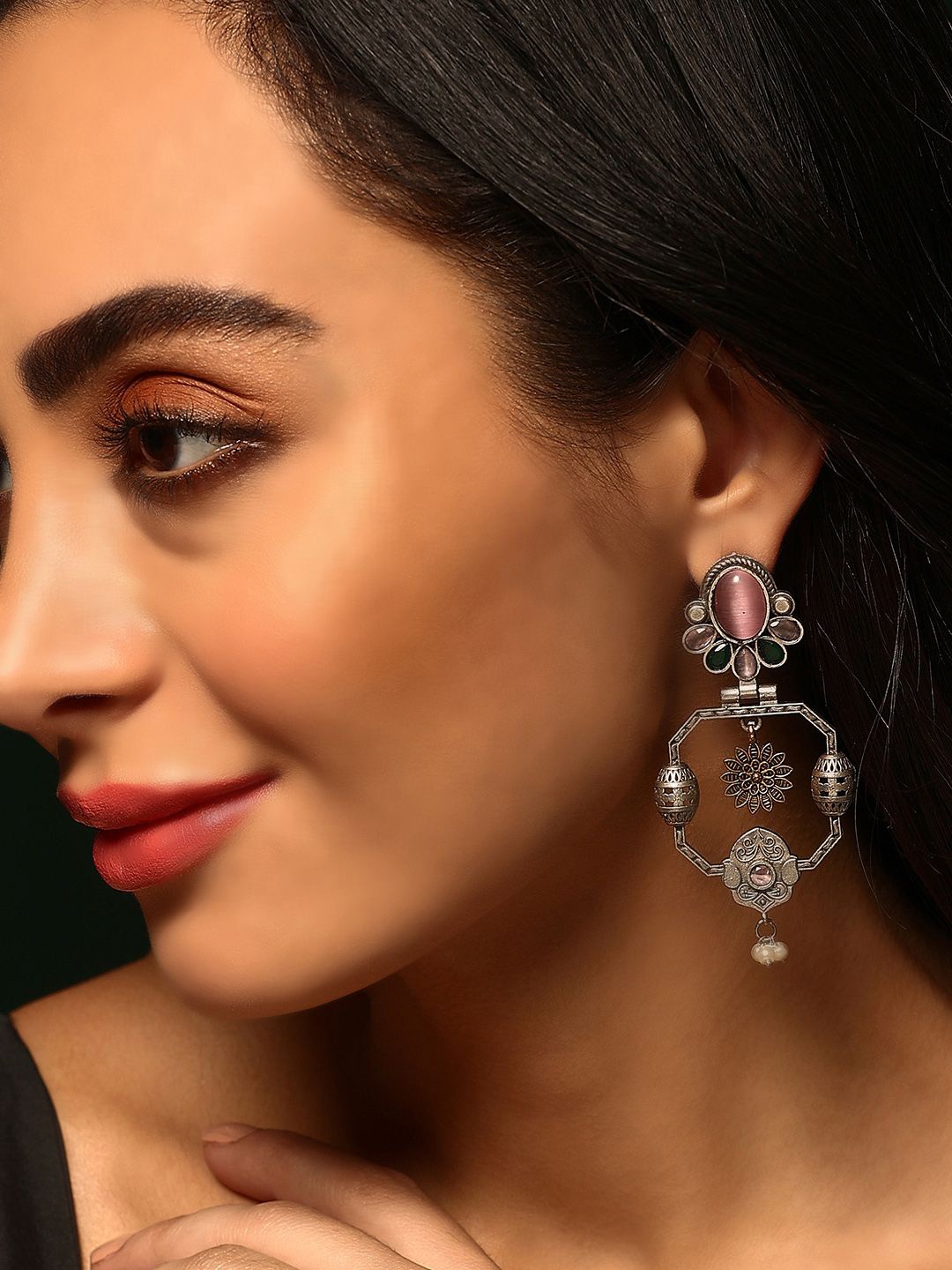 

Priyaasi Silver Plated Crystal Studded Oxidized Contemporary Drop Earrings