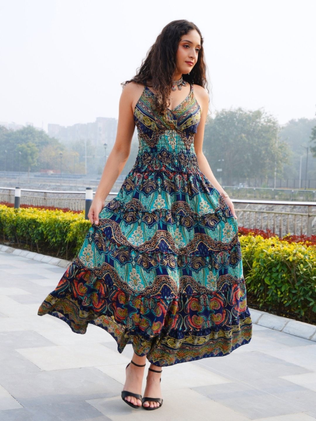 

Boholyfe Bohemian Print A-Line Maxi Dress, Navy blue