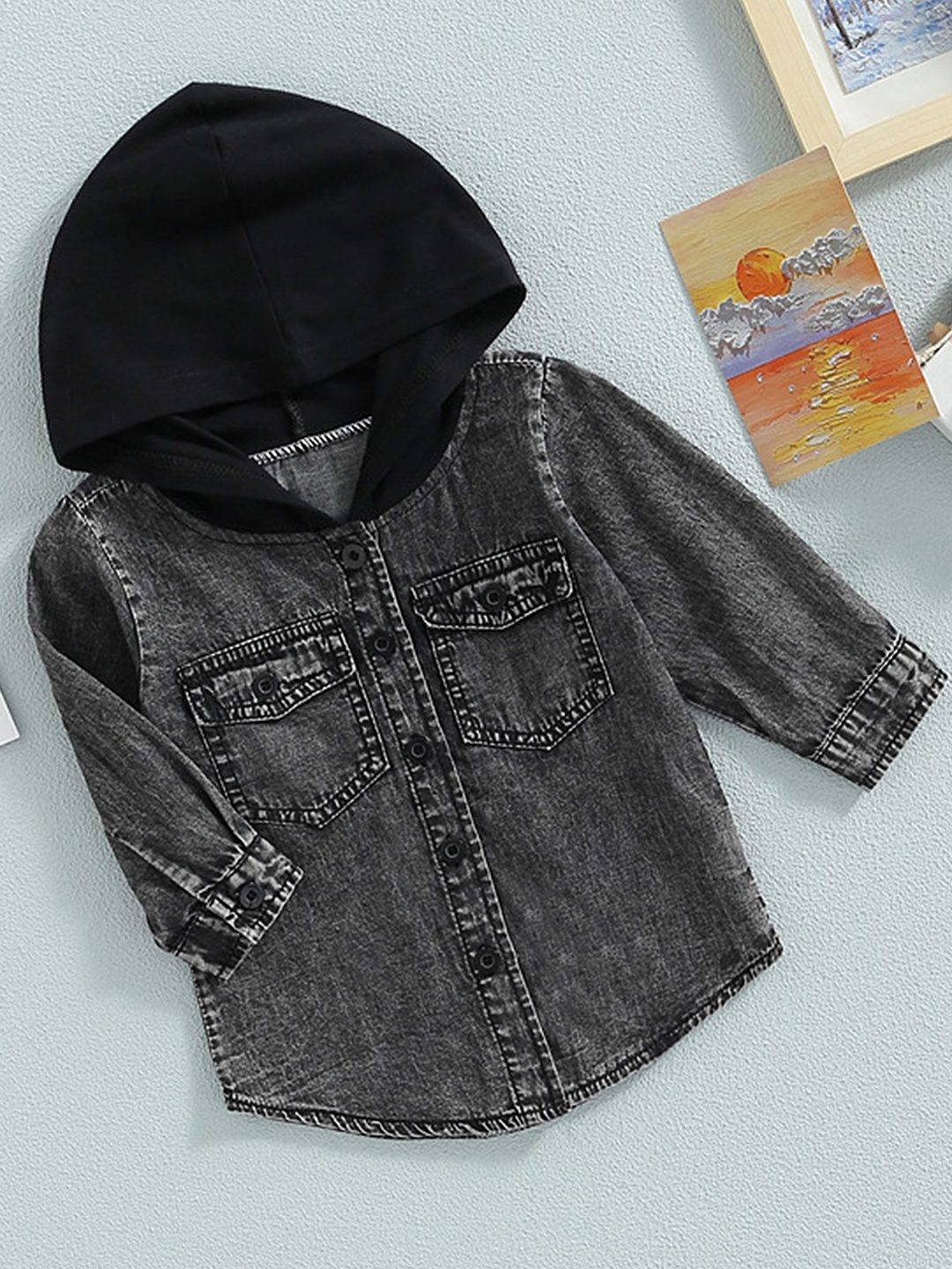 

LULU & SKY Girls Relaxed Fit Hood Faded Casual Shirt, Grey