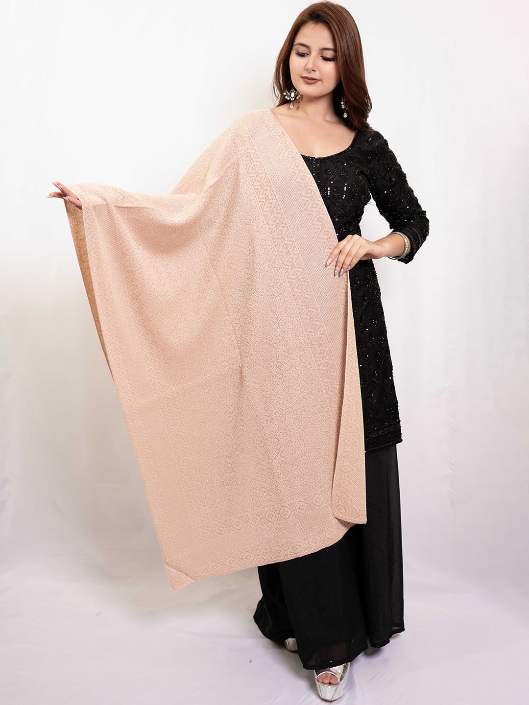 

PASHGIRI Ethnic Motifs Embroidered Woolen Shawl, Pink