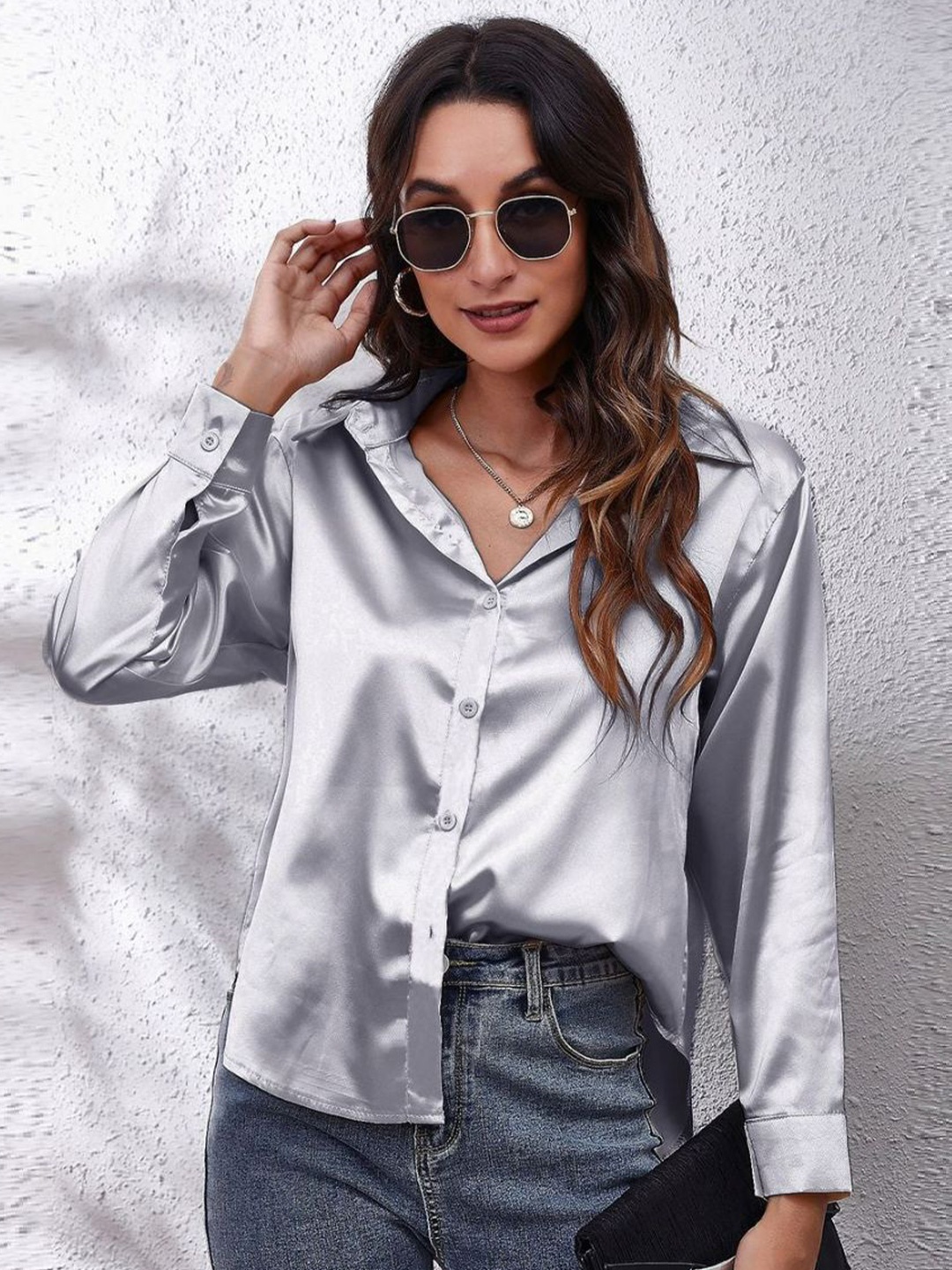 

Oh Rare Women Spread Collar Solid Casual Shirt, Grey