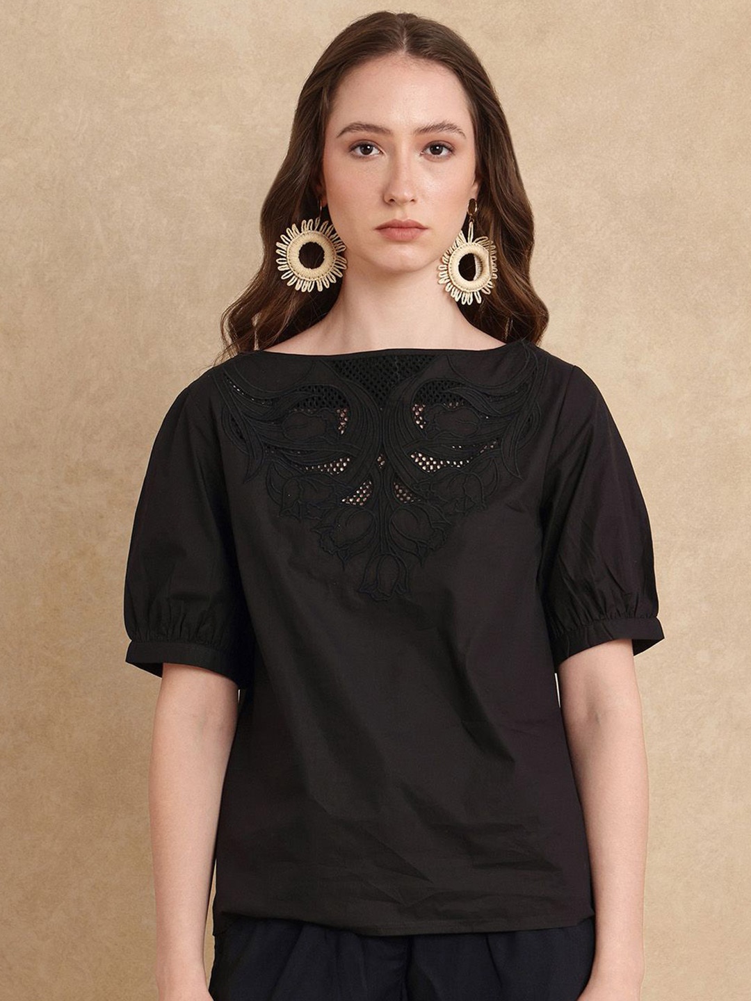 

RAREISM Embroidered Cotton Top, Black