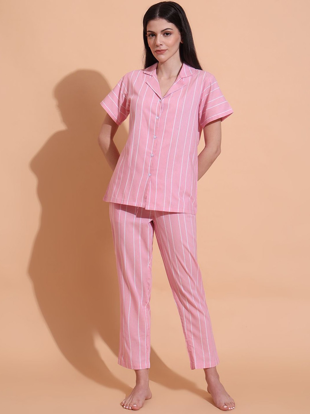 

Fbella Women Striped Night suit, Pink