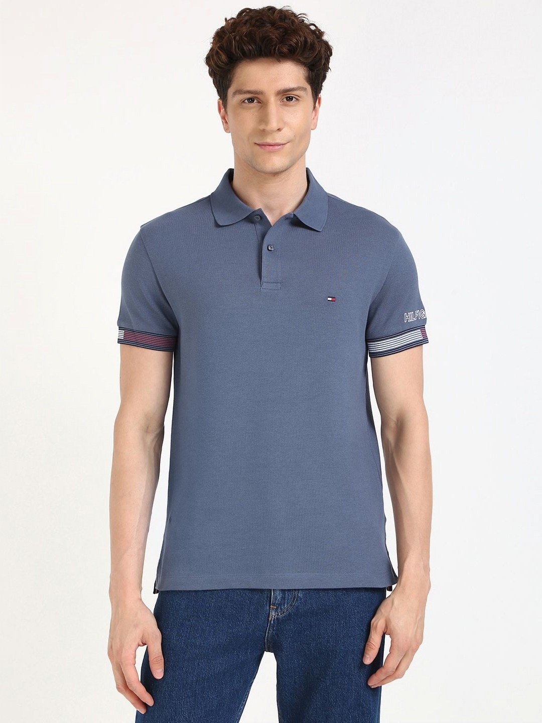 

Tommy Hilfiger Men Solid Polo Collar Organic Cotton Slim Fit T-shirt, Grey