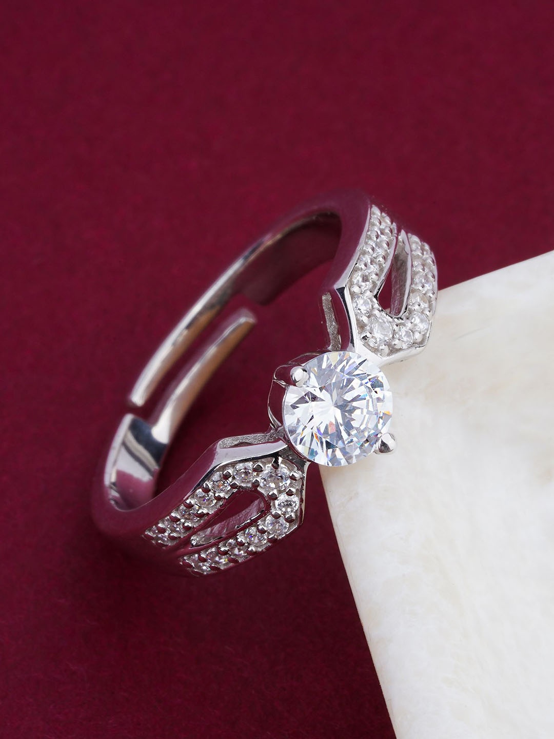 

Zalkari 92.5 Sterling Silver Rhodium-Plated Cubic Zirconia Studded Adjustable Finger Ring