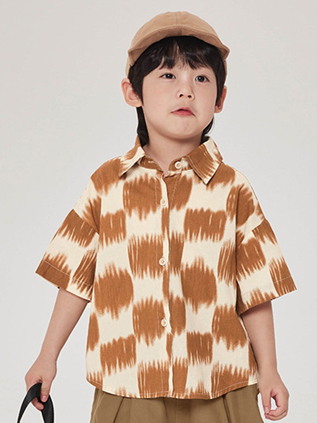 

LULU & SKY Boys Oversized Fit Spread Collar Abstract Printed Organic Cotton Casual Shirt, Brown
