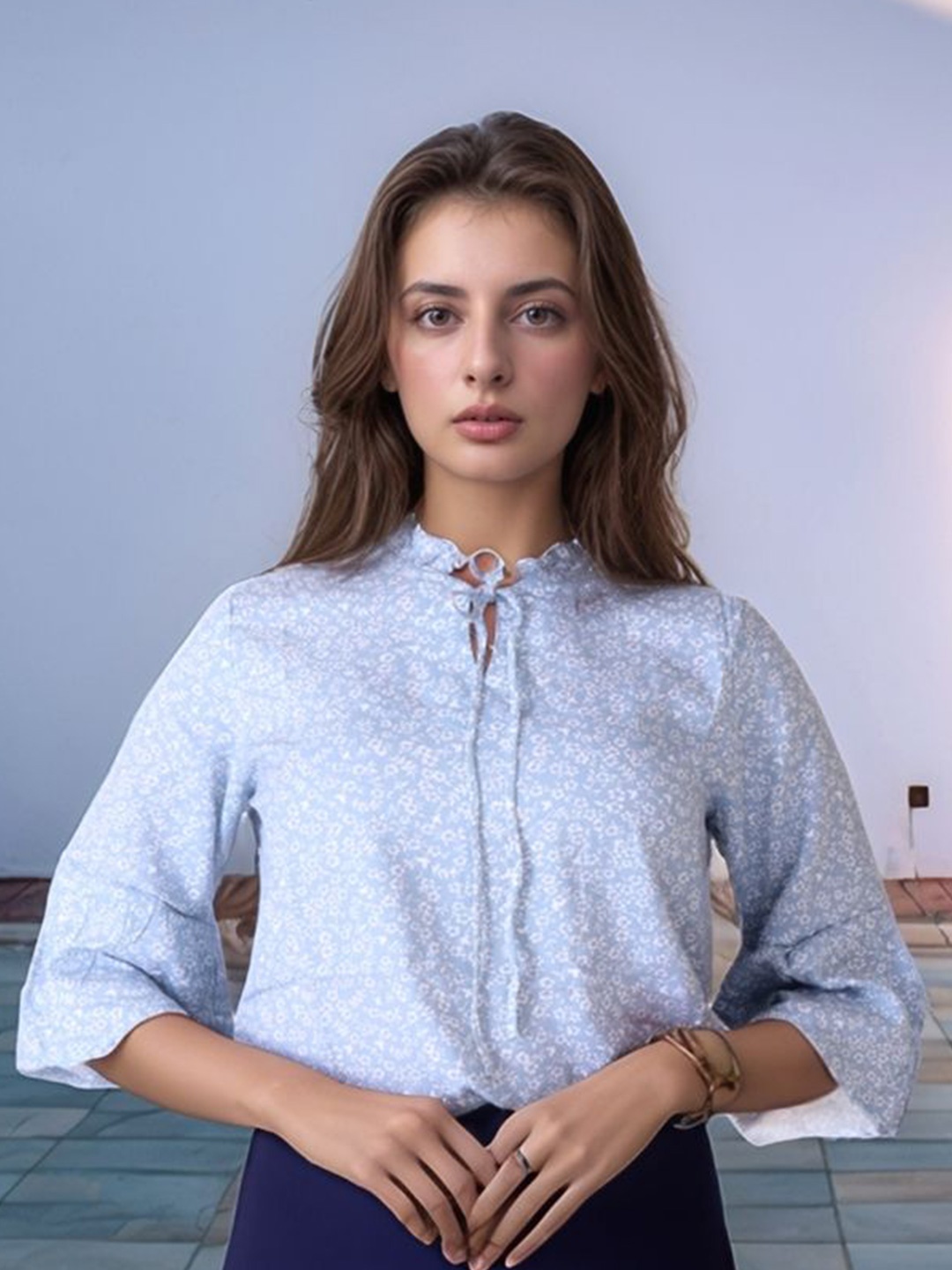 

Bucciato Private Limited Mandarin Collar Roll-Up Sleeves Cotton Shirt Style Top, Blue