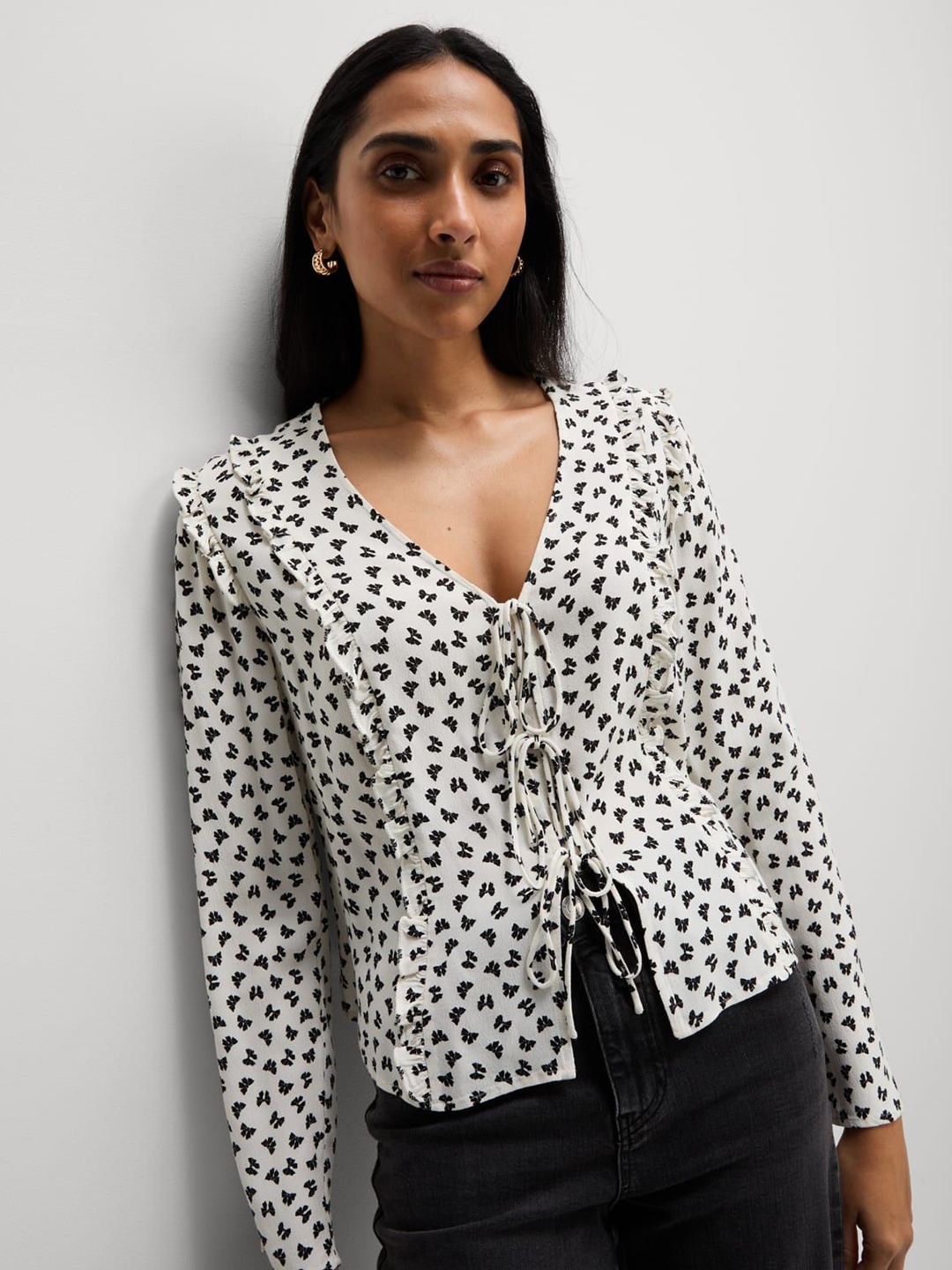 

Marks & Spencer Women Geometric Printed Tie-Up Neck Top, White