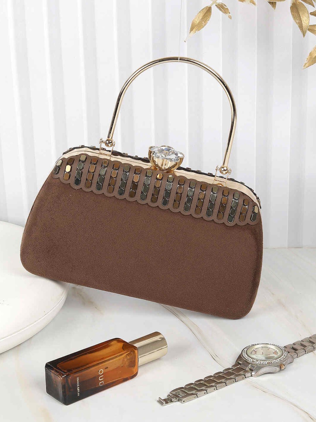 

Mochi Embellished Box Clutch, Brown