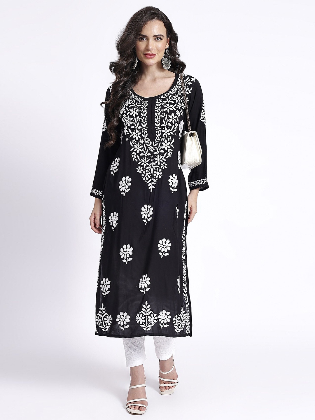 

Nazaqat Ethnic India Women Chikankari Embroidered Straight Kurta, Black