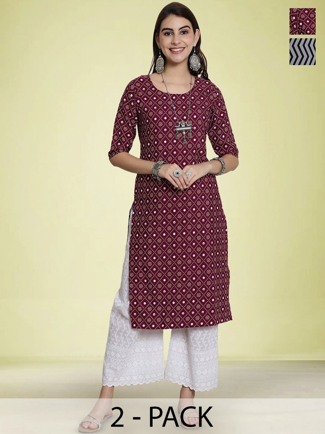 

Moda Rapido Selection Of 2 Bandhani Printed Round Neck Straight Kurtas, Maroon