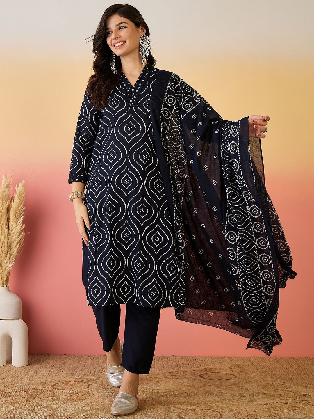 

Sangria Black Ethnic Motifs Printed V-Neck Pure Cotton Kurta With Trouser And Dupatta