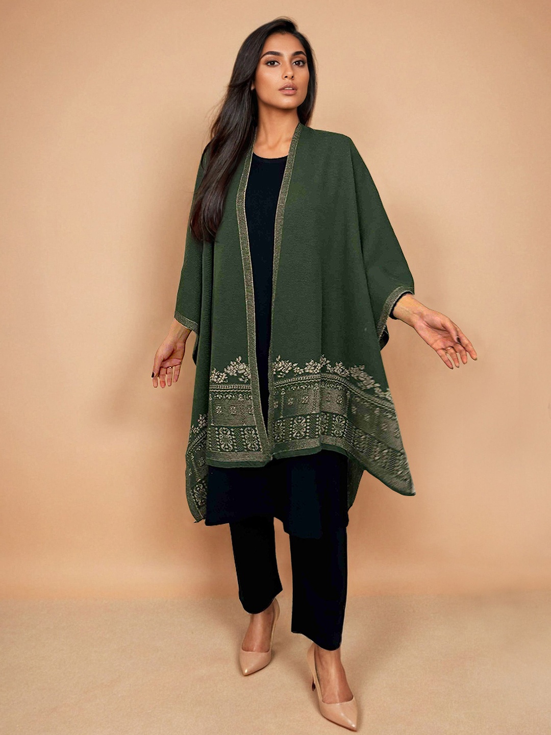 

trueBrowns Women Printed Woollen Shrug, Green