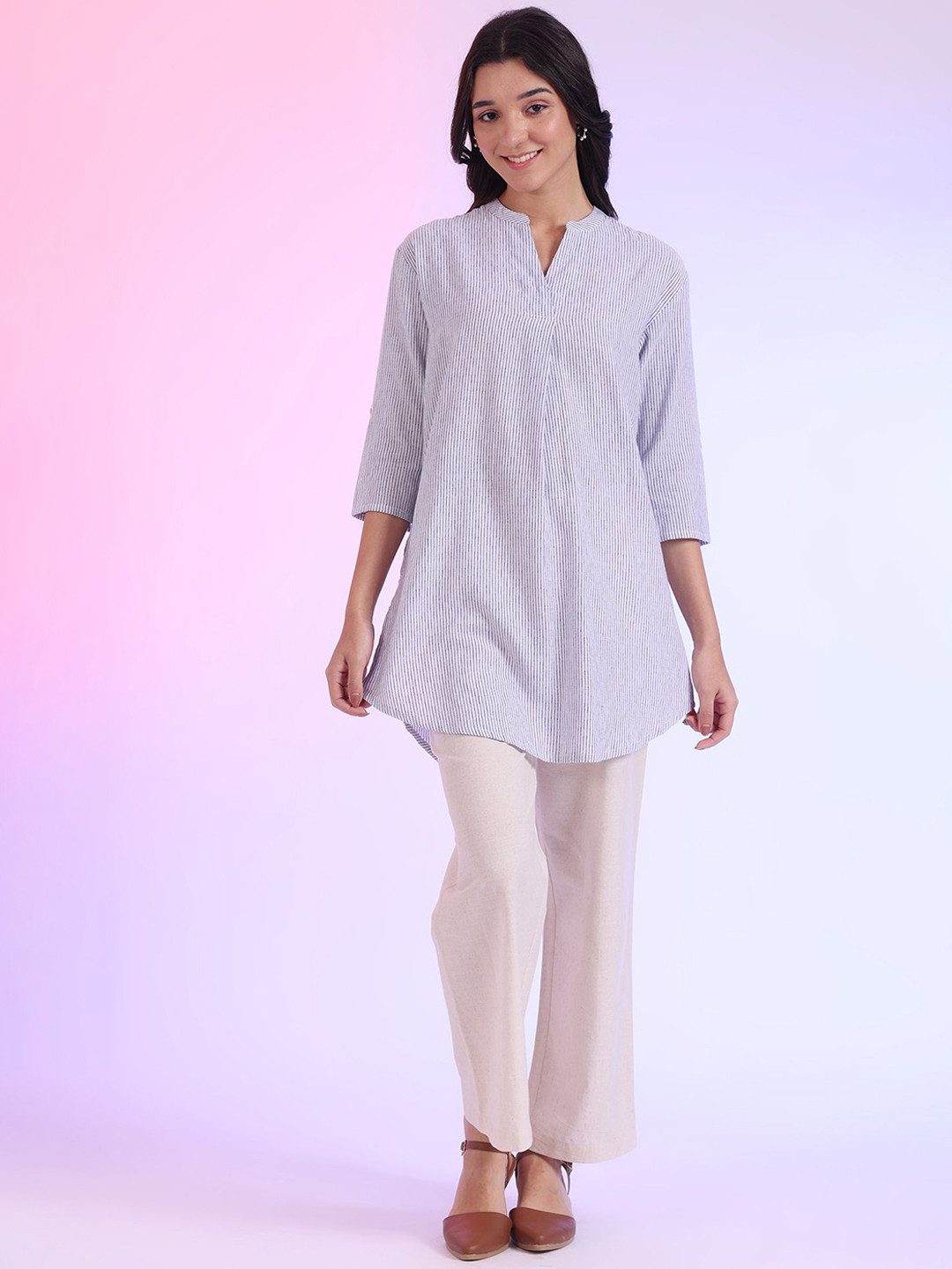 

AURELIA Striped Mandarin Collar Straight Kurtas, Blue