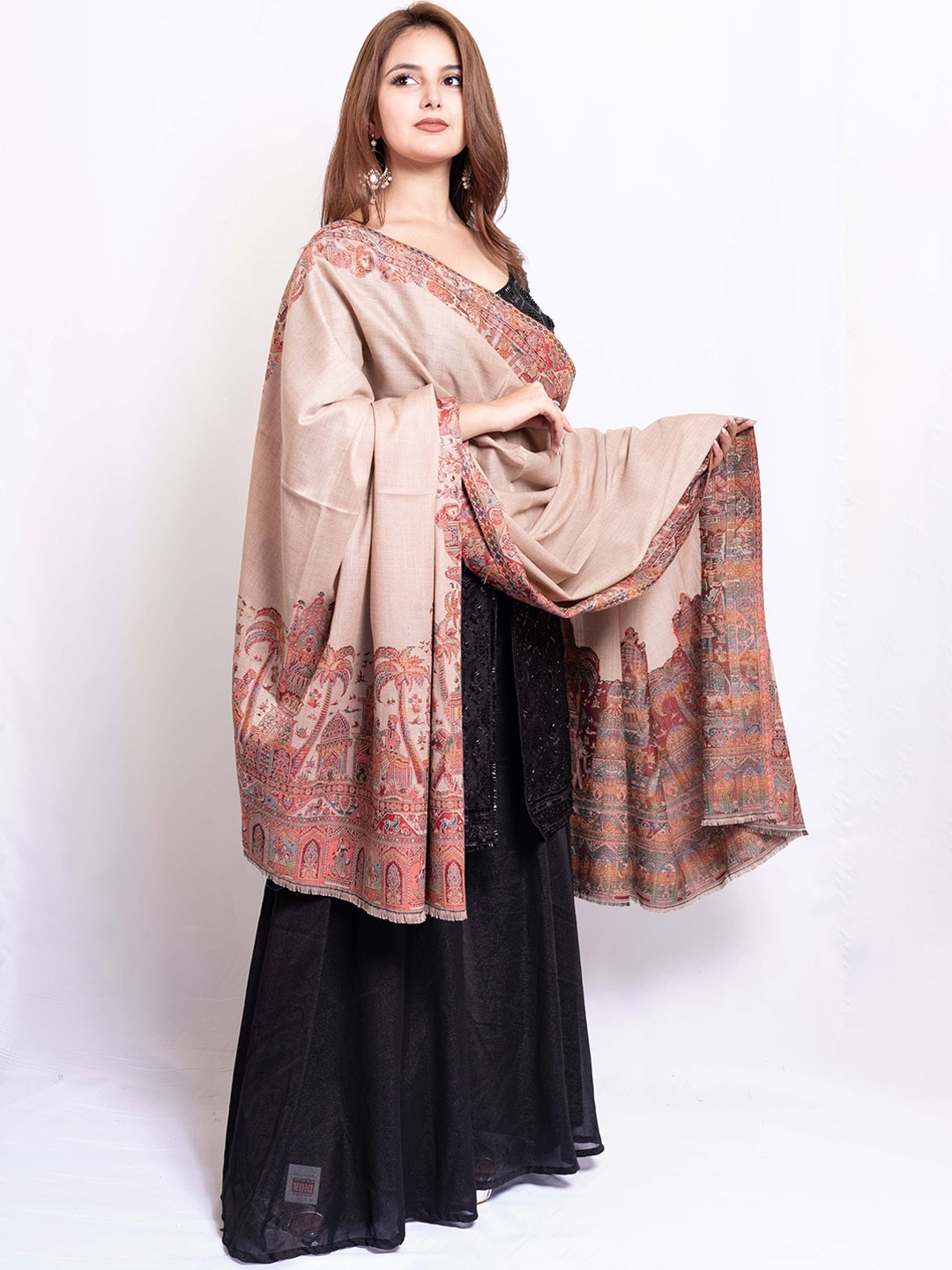 

PASHGIRI Ethnic Motifs Woven Design Pure Woollen Shawl, Camel brown