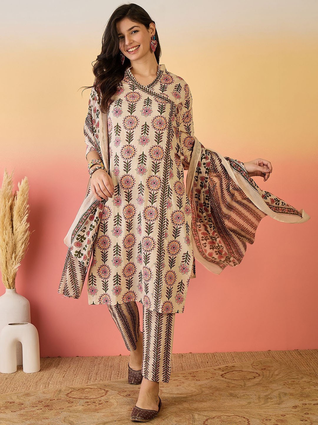 

Sangria Beige Floral Printed Mandarin Collar Pure Cotton Kurta With Trouser & Dupatta