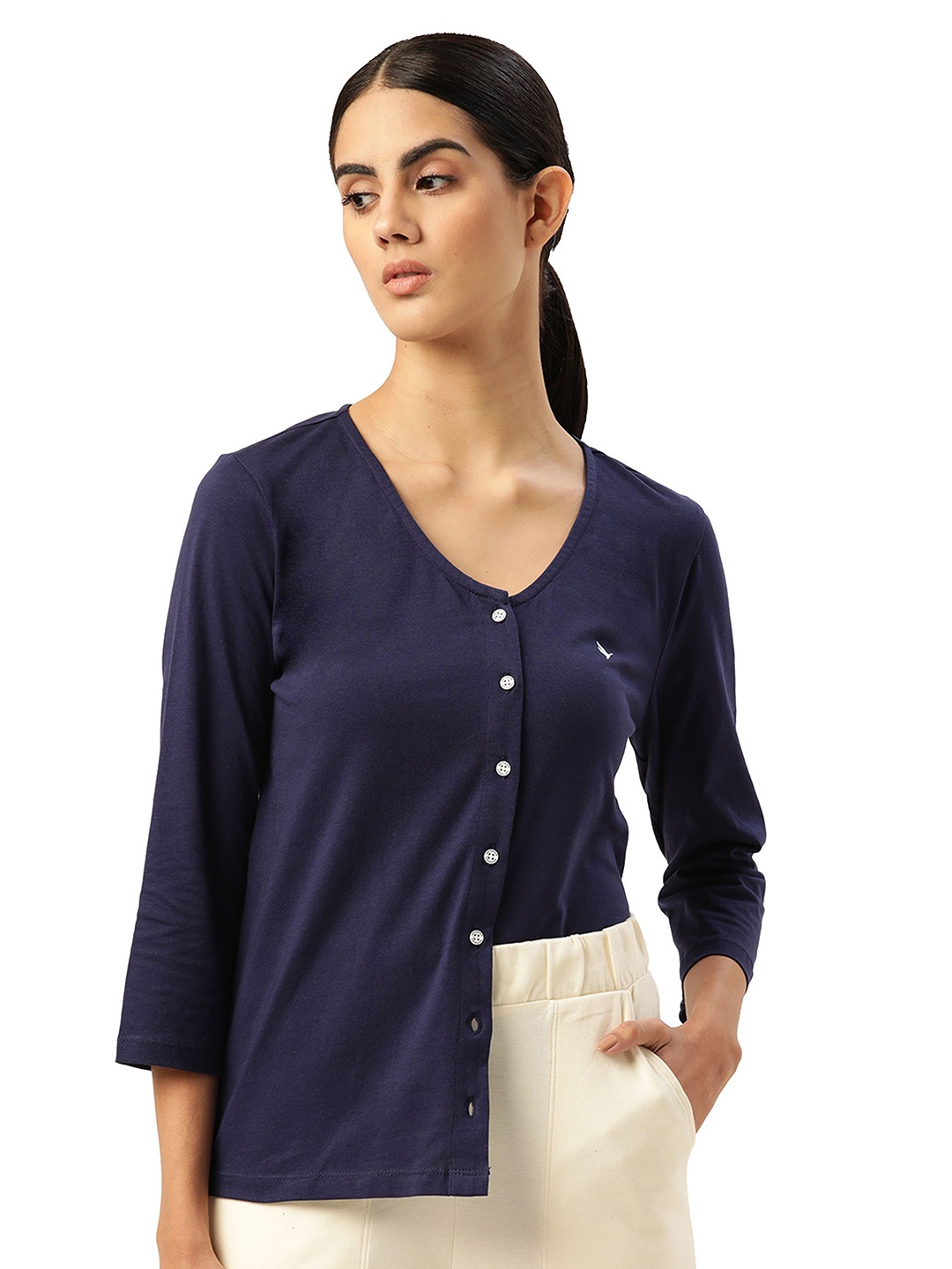 

AMSWAN Women V-Neck Cotton Shirt Style Top, Navy blue