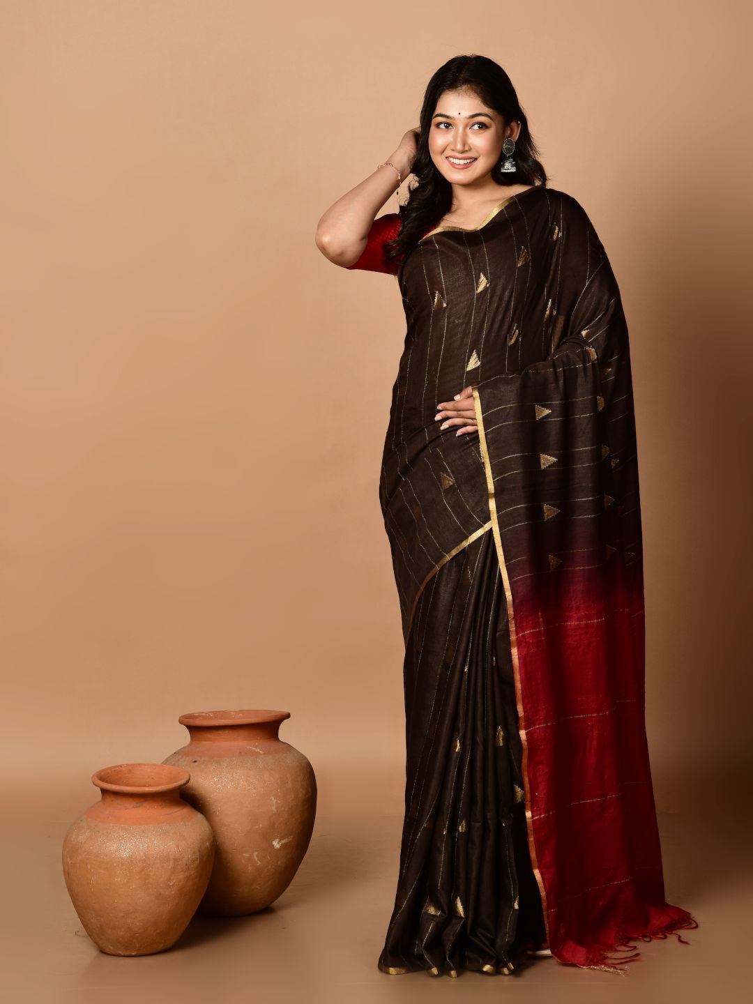 

Laa Calcutta Striped Zari Pure Silk Bhagalpuri Saree, Black