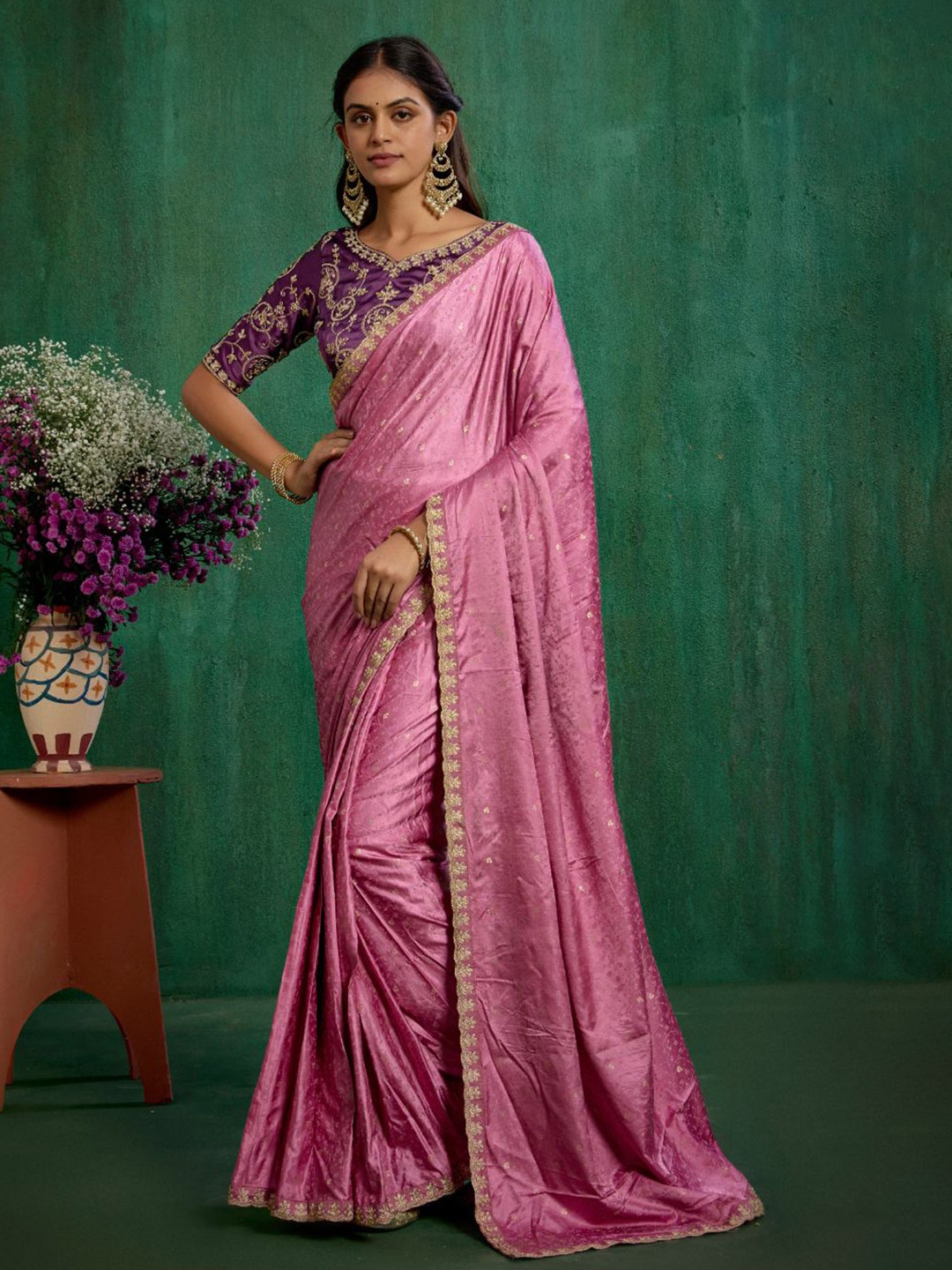 

TIRA Embellished Embroidered Satin Ready to Wear Saree, Pink