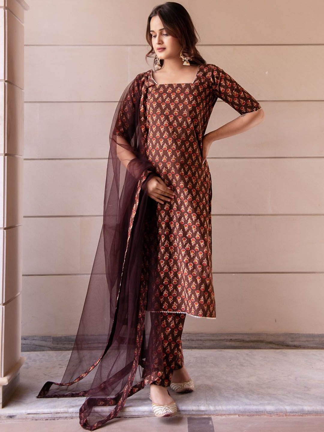 

Pomcha Floral Printed Pure Cotton Straight Kurta with Trousers & Dupatta, Brown