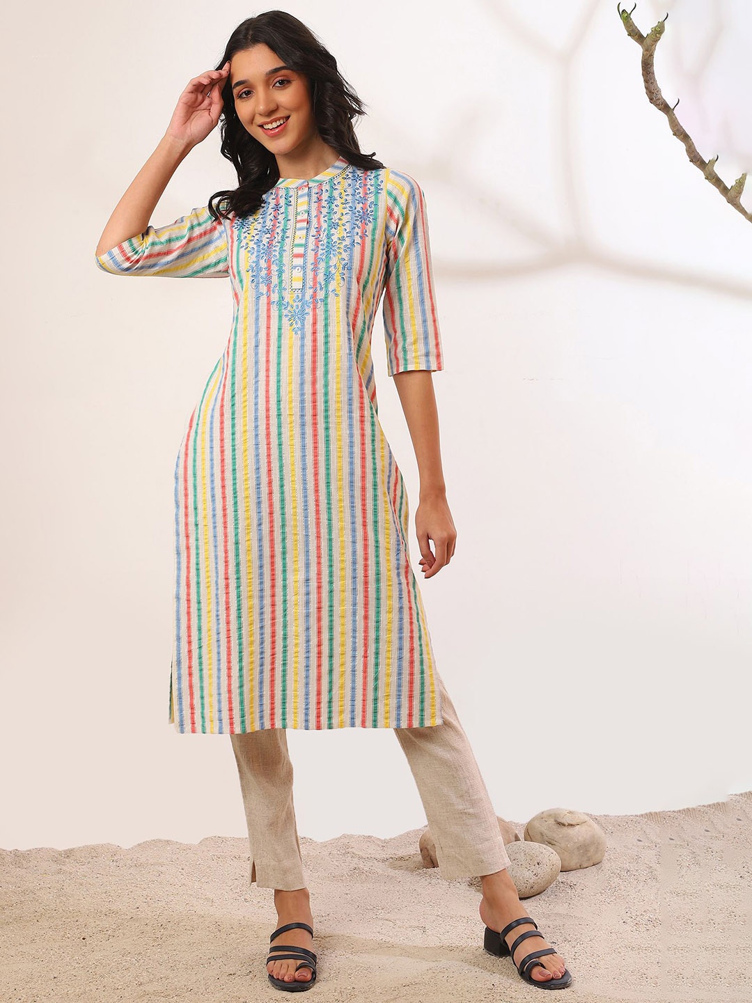 

AURELIA Striped Floral Thread Work Band Collar Straight Kurta, Yellow