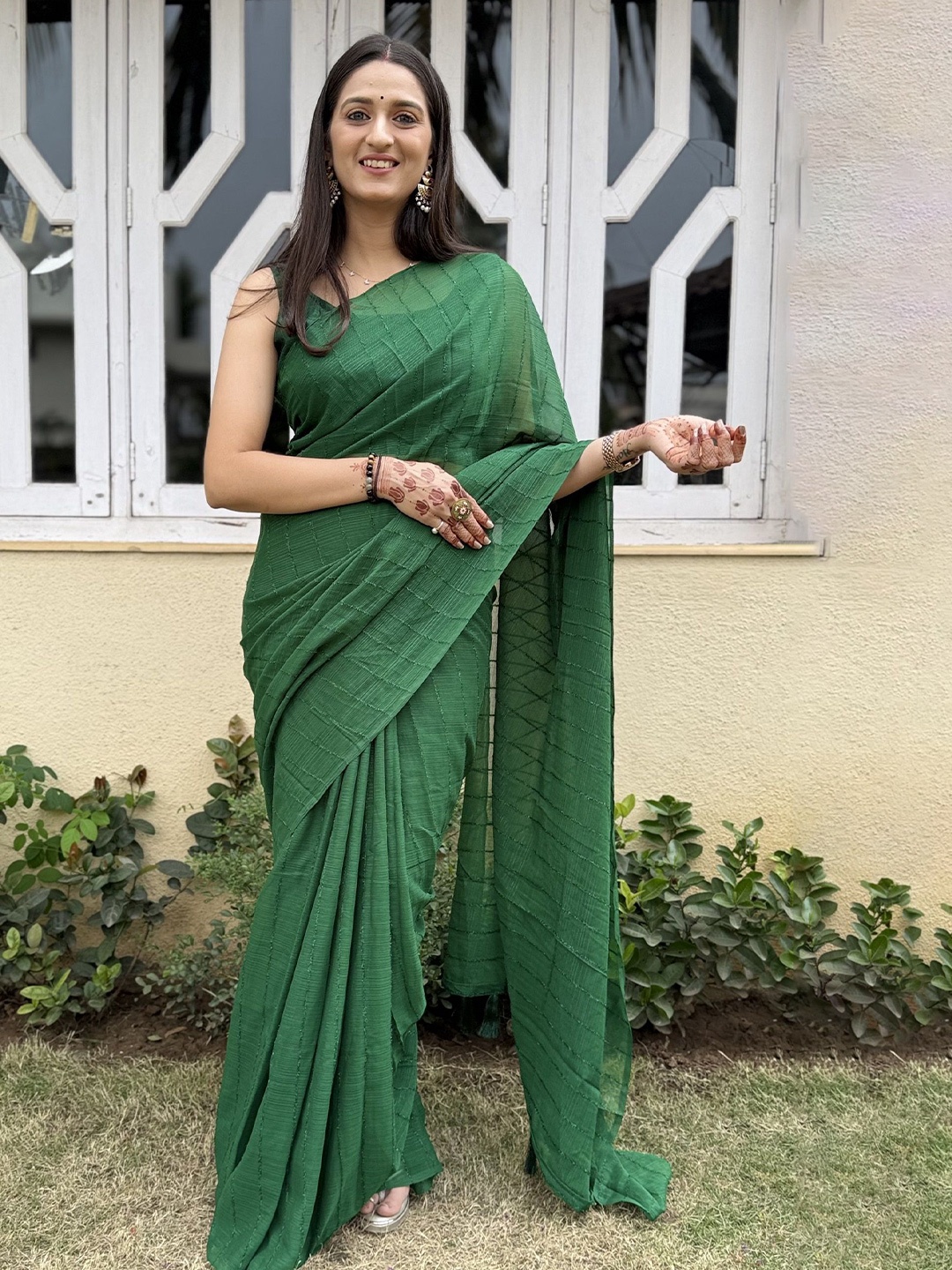 

Aika Striped Pure Chiffon Saree, Green