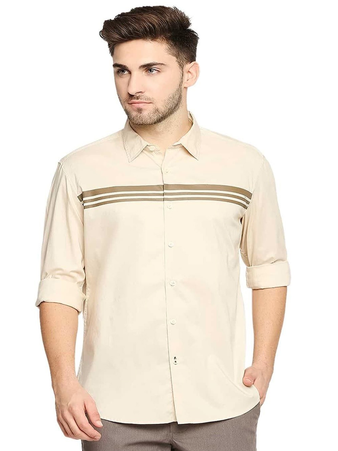 

Basics Men Slim Fit Spread Collar Horizontal Striped Cotton Casual Shirt, Beige