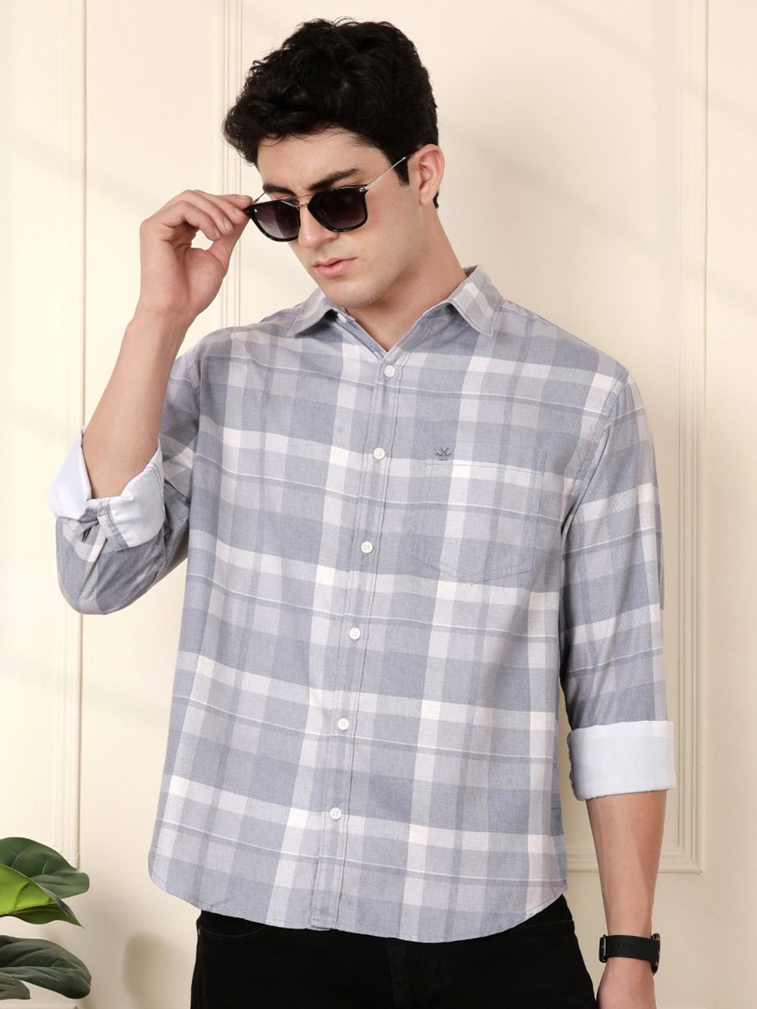 

WROGN Men Comfort Relaxed Fit Spread Collar Tartan Checked Casual Shirt, Grey