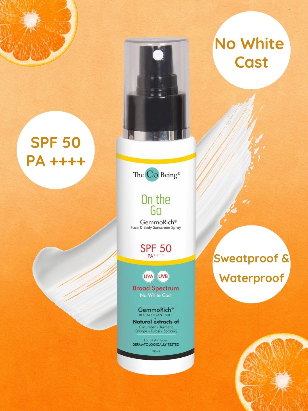 

The Co Being On The Go SPF 50 PA++++ Sunscreen Spray With Blackcurrant & Orange - 100 ml, White