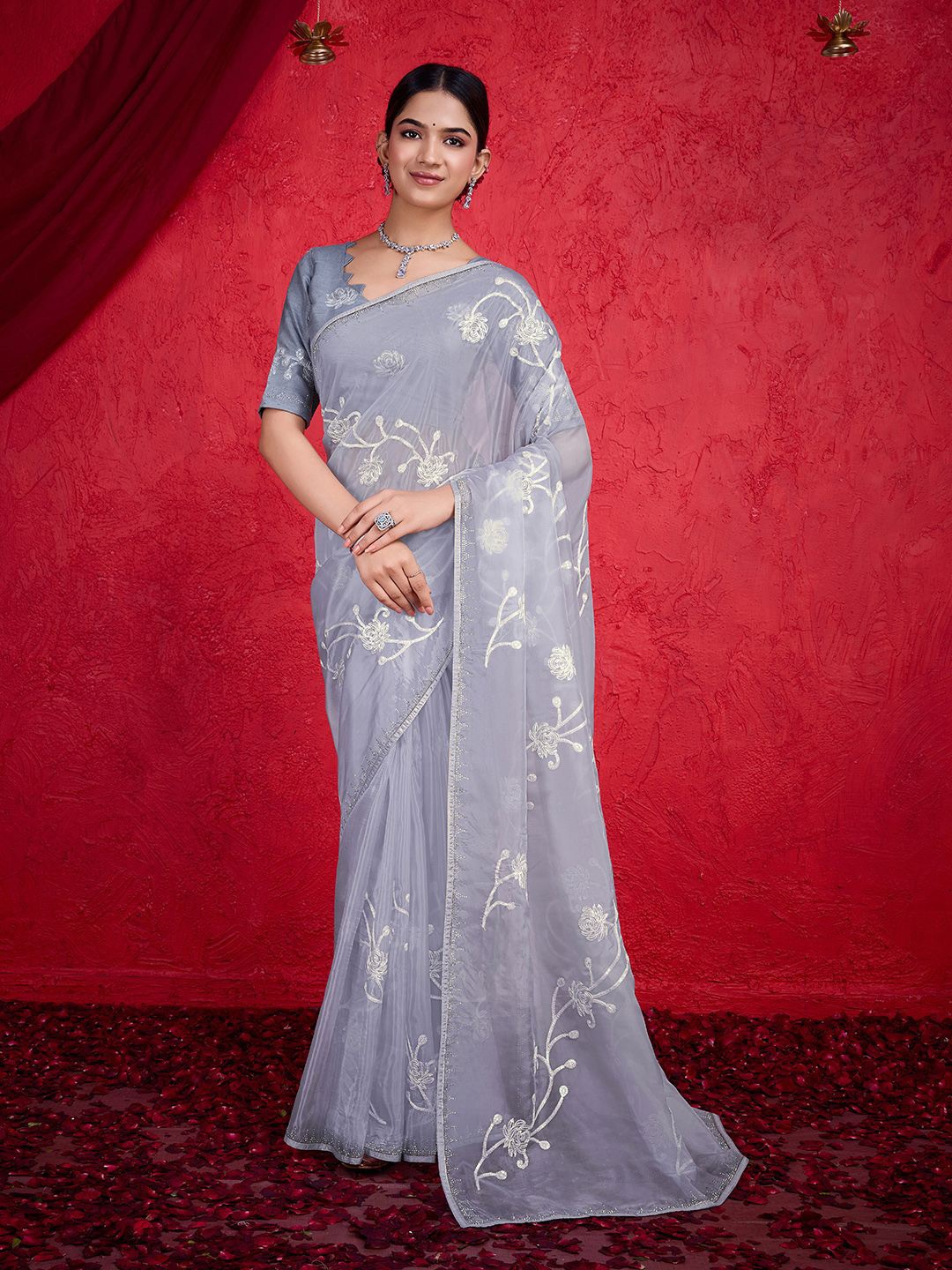 

Mitera Floral Embroidered Organza Saree, Grey