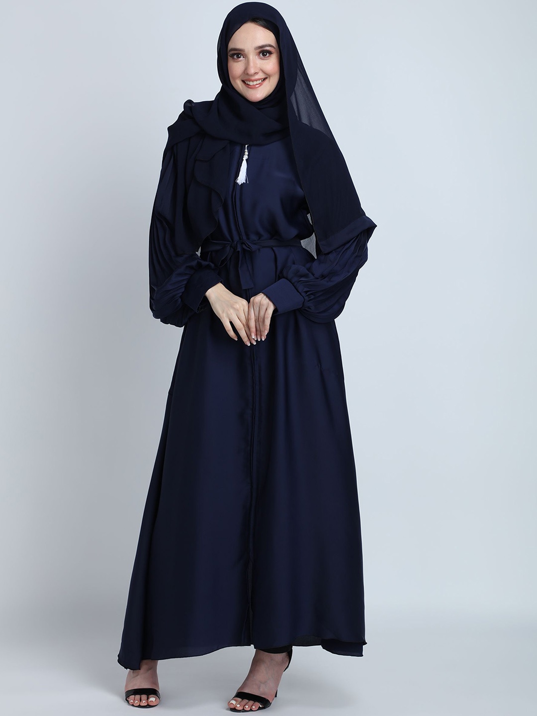 

BROKE BRAND Abaya With Pleated Sleeves Comes With Waist Belt, Blue