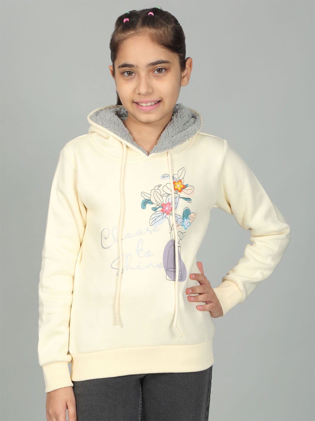 

Cantabil Girls Printed Hooded Sweatshirt, Beige