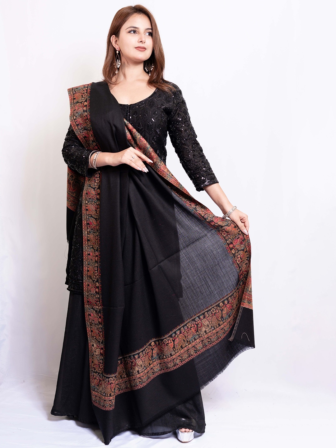 

PASHGIRI Women Ethnic Motifs Embroidered Shawl, Black