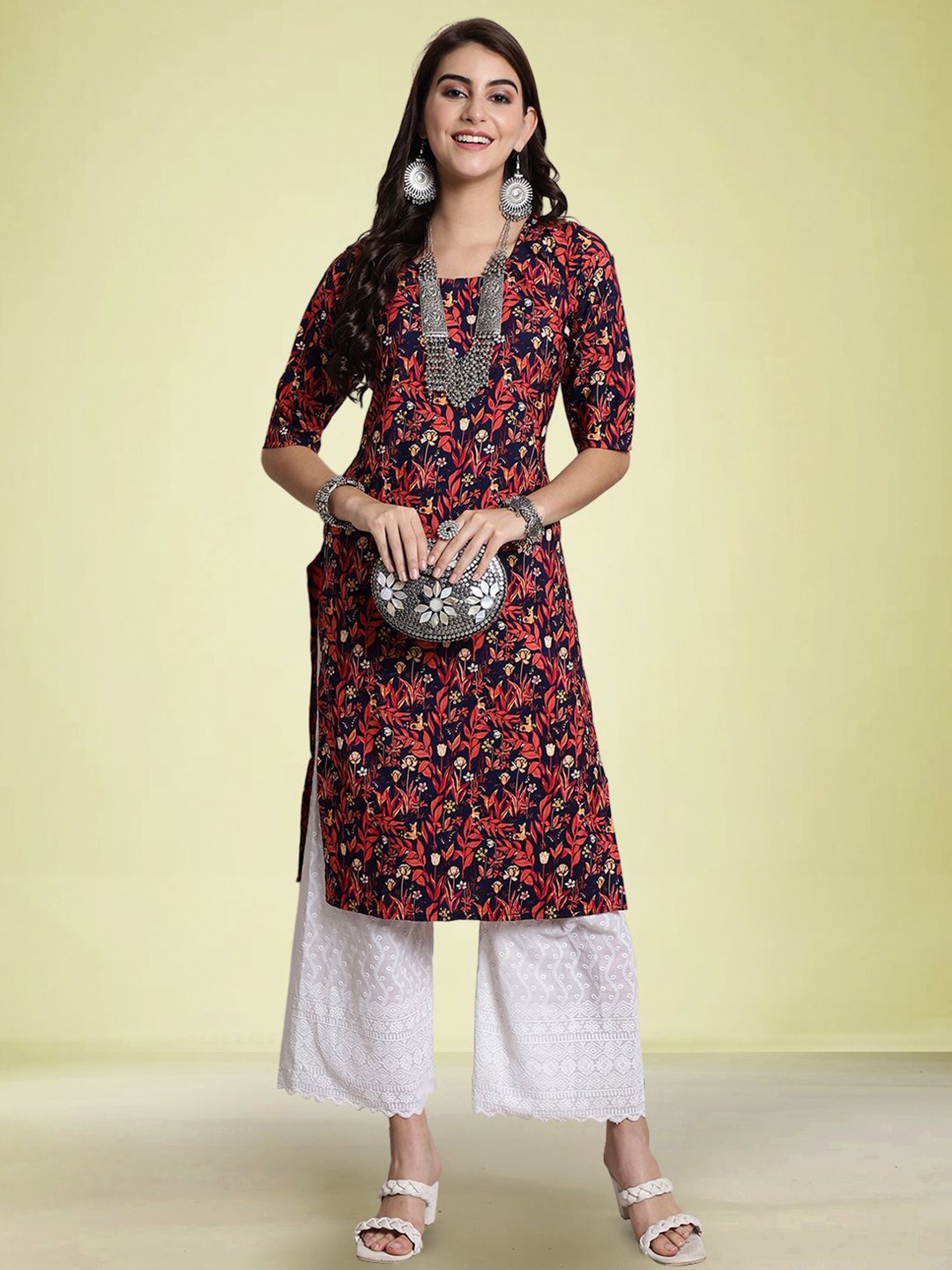 

Moda Rapido Floral Printed Round Neck Straight Kurta, Blue