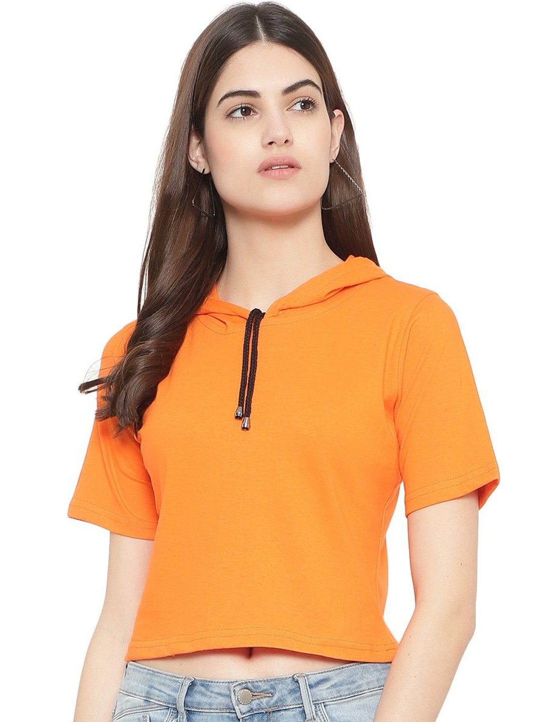 

DEEPMAYRA COLLECTION Women Hooded Cotton High-Low Top, Orange