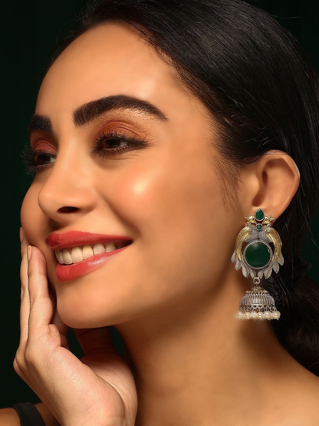 

Priyaasi Silver-Plated Emerald Oxidised Dome Shaped Jhumkas