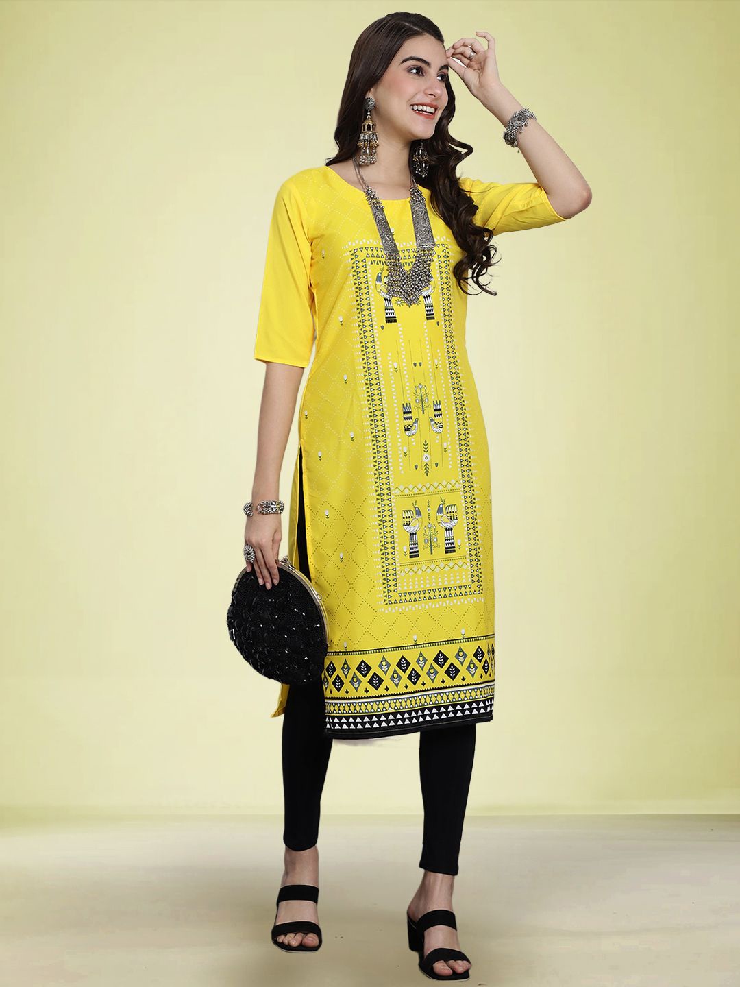 

Moda Rapido Ethnic Motifs Printed Round Neck Straight Kurta, Yellow